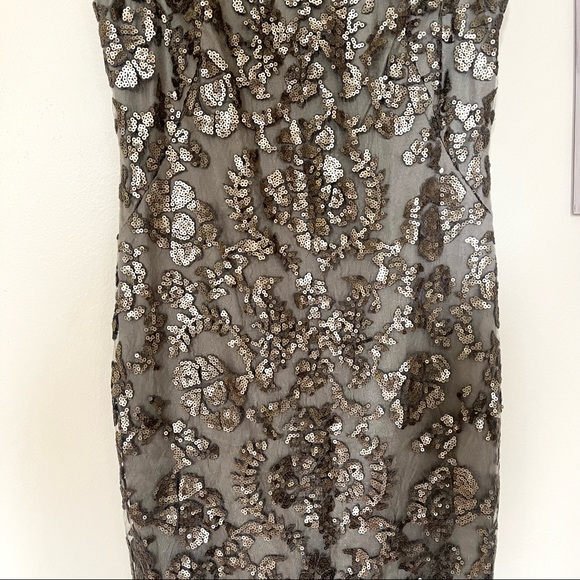 Tadashi Shoji gray lace illusion high neck cocktail dress gold sequins size 10 - Picture 7 of 11
